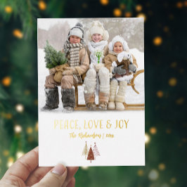 Tarjeta Festiva Con Relieve Metalizado Paz Amor Alegría Foto Personalizada Elegante Dorad