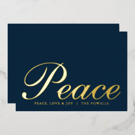 Tarjeta Festiva Con Relieve Metalizado Paz Amor Alegría Tipografía Elegante Azul Marino D