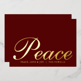 Tarjeta Festiva Con Relieve Metalizado Paz Amor Alegría Tipografía Elegante Burgundy Oro