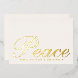 Tarjeta Festiva Con Relieve Metalizado Paz Amor Alegría Tipografía Elegante Marfil y Dora