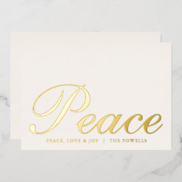 Tarjeta Festiva Con Relieve Metalizado Paz Amor Alegría Tipografía Elegante Marfil y Dora