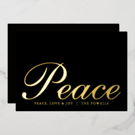 Tarjeta Festiva Con Relieve Metalizado Paz Amor Alegría Tipografía Elegante Negro y Dorad
