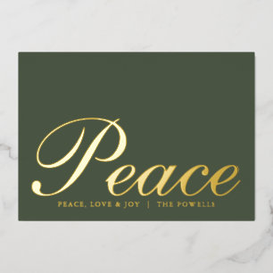 Tarjeta Festiva Con Relieve Metalizado Paz Amor Alegría Tipografía Elegante Verde Salvia 