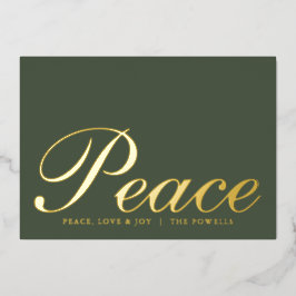 Tarjeta Festiva Con Relieve Metalizado Paz Amor Alegría Tipografía Elegante Verde Salvia 