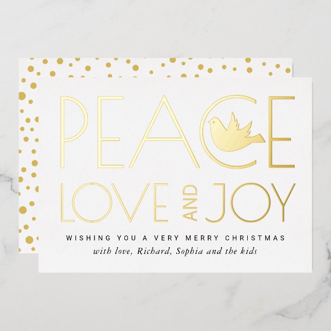 Tarjeta Festiva Con Relieve Metalizado Paz, Amor, Alegría y paloma Navidad dorado (Anverso/Reverso)