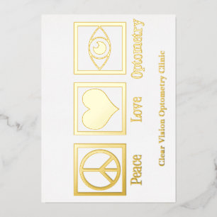 Tarjeta Festiva Con Relieve Metalizado Paz Amor Optometría Personalizado Ojo Médica Oro