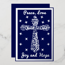 Tarjeta Festiva Con Relieve Metalizado Paz Azul Plateado Amor Alegría Esperanza Navidades