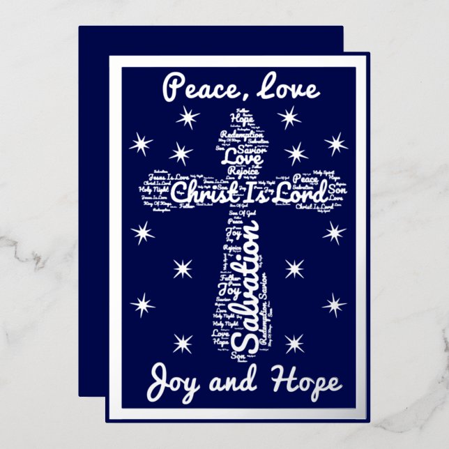 Tarjeta Festiva Con Relieve Metalizado Paz Azul Plateado Amor Alegría Esperanza Navidades (Anverso/Reverso)