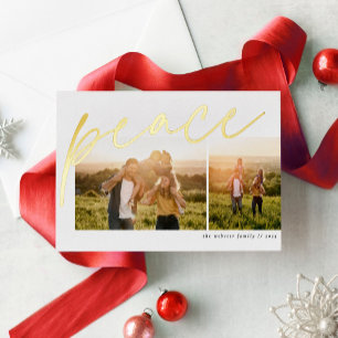 Tarjeta Festiva Con Relieve Metalizado Paz dos Navidades familiares simples y elegantes