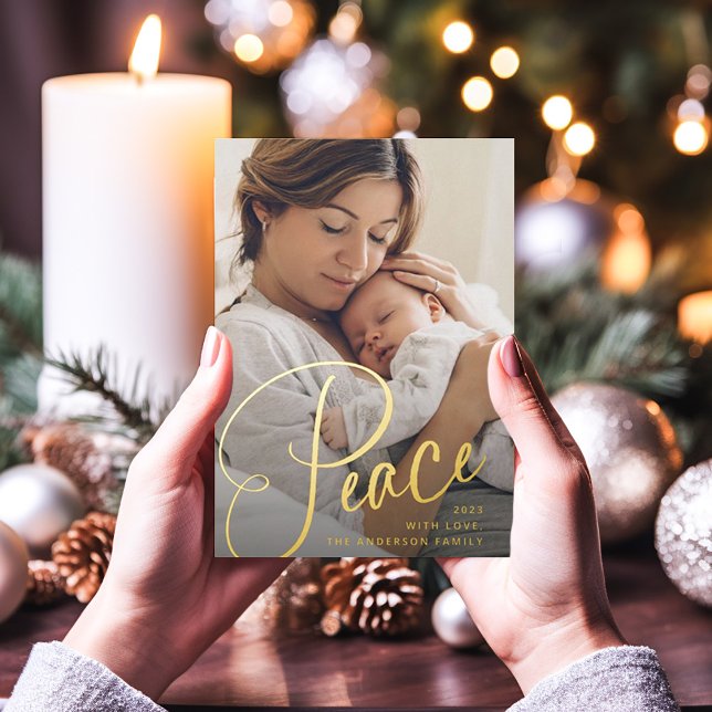 Tarjeta Festiva Con Relieve Metalizado Paz | Elegantes Navidades de guiones y fotografías (A prayer for peace this holiday season, in real gold foil)
