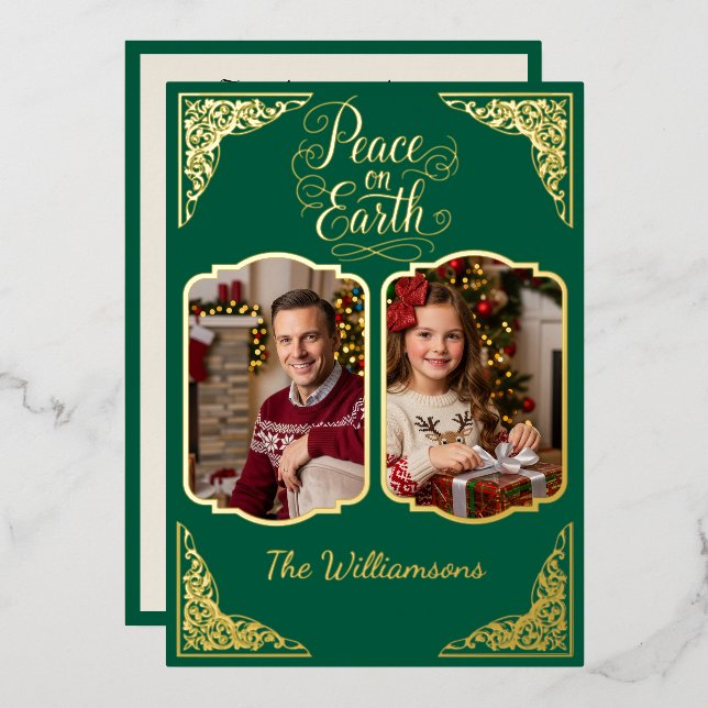 Tarjeta Festiva Con Relieve Metalizado Paz en la Tierra, dos imágenes, verde, oro (Anverso/Reverso)