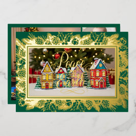 Tarjeta Festiva Con Relieve Metalizado Paz en la Tierra, retrato familiar de oro verde