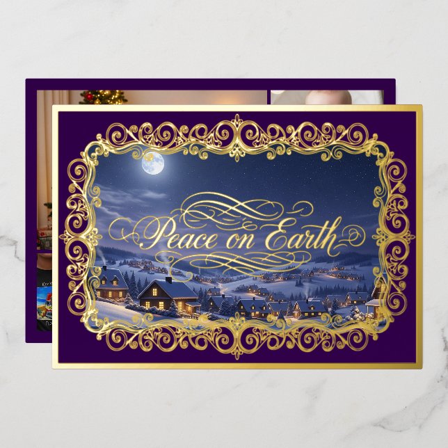 Tarjeta Festiva Con Relieve Metalizado Paz en la Tierra, retrato familiar filigro púrpura (Anverso/Reverso)
