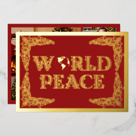 Tarjeta Festiva Con Relieve Metalizado Paz Mundial, Planeta Tierra, en Rojo, Oro
