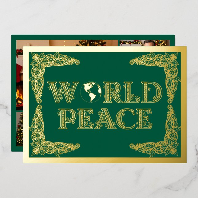 Tarjeta Festiva Con Relieve Metalizado Paz mundial, planeta tierra, en verde, oro (Anverso/Reverso)