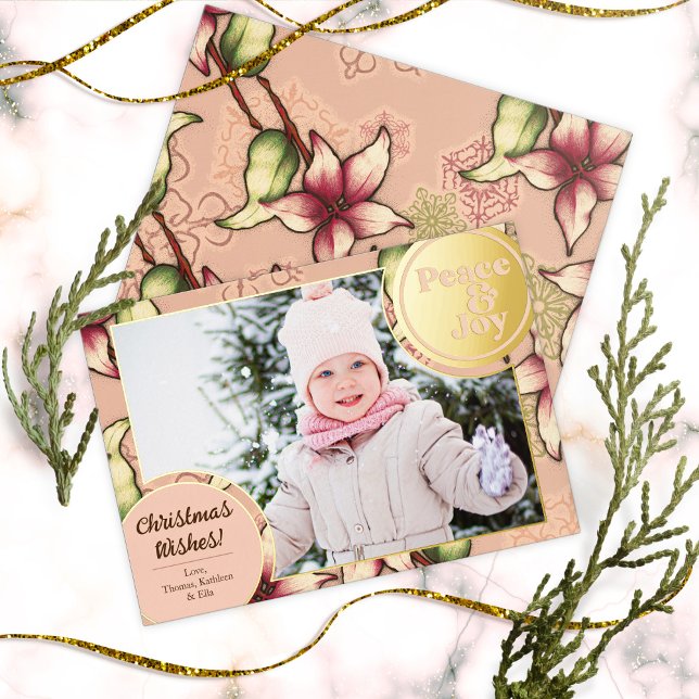 Tarjeta Festiva Con Relieve Metalizado Paz y alegría, rosa, oro foto de Poinsettia (Peace & Joy, Pink, Gold Poinsettia Photo Foil Holiday Card)