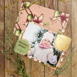Tarjeta Festiva Con Relieve Metalizado Paz y alegría, rosa, verde, oro foto de poinsettia
