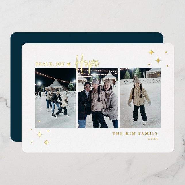 Tarjeta Festiva Con Relieve Metalizado Peace Joy Hope 3 Foto (Anverso/Reverso)