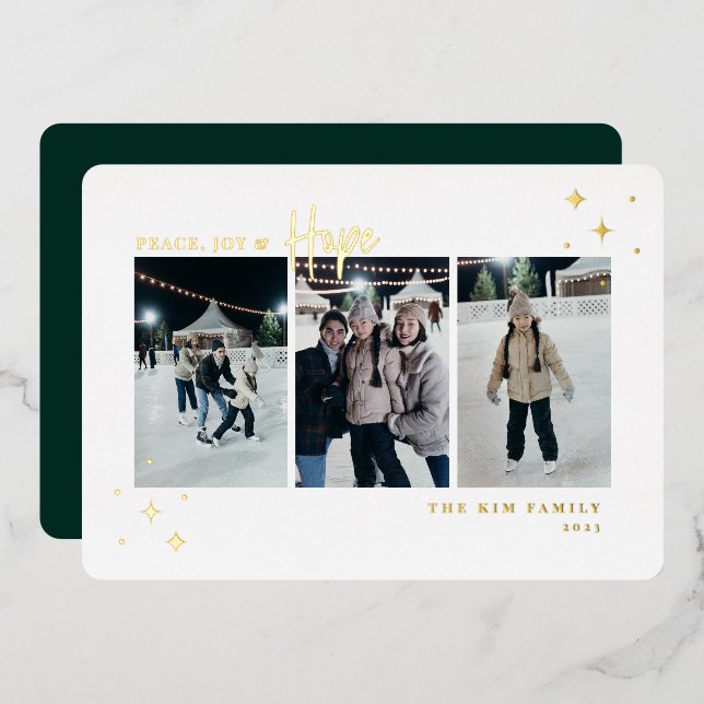 Tarjeta Festiva Con Relieve Metalizado Peace Joy Hope 3 Foto (Anverso/Reverso)