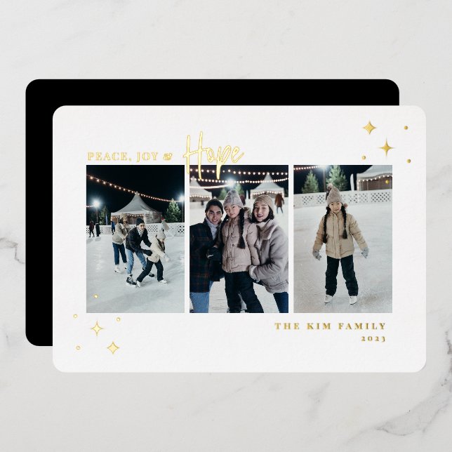 Tarjeta Festiva Con Relieve Metalizado Peace Joy Hope 3 Foto (Anverso/Reverso)