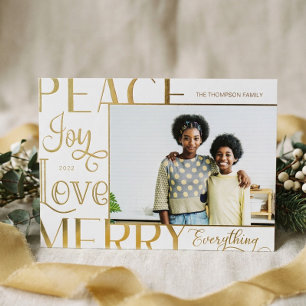 Tarjeta Festiva Con Relieve Metalizado Peace Joy Love Merry Everything Type Border Photo
