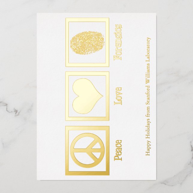 Tarjeta Festiva Con Relieve Metalizado Peace Love Forensic Personalizado Laboratorio Fore (Anverso)