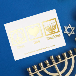 Tarjeta Festiva Con Relieve Metalizado Peace Love Hanukkah Personalizado Elegant Gold