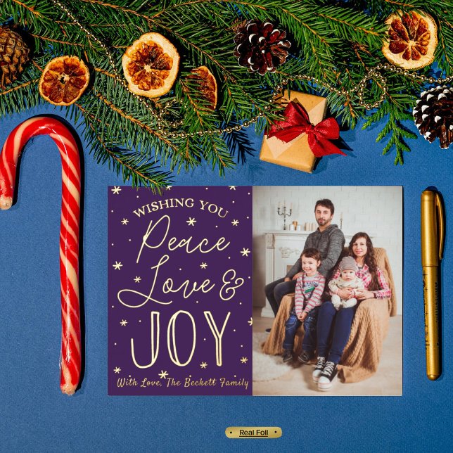 Tarjeta Festiva Con Relieve Metalizado Peace, Love & Joy Christmas Photo Real (Subido por el creador)
