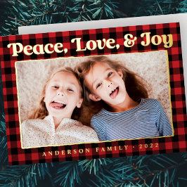 Tarjeta Festiva Con Relieve Metalizado Peace Love & Joy Plaid Pattern Family Photo