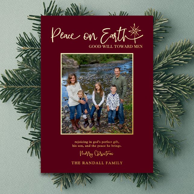 Tarjeta Festiva Con Relieve Metalizado Peace on Earth Burgundy Photo Christmas Elegant (Scripture-inspired blessing celebrating God’s perfect gift and peace. Add your family name and photo)