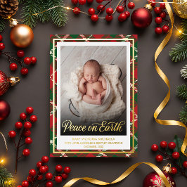 Tarjeta Festiva Con Relieve Metalizado Peace on Earth | Christmas Baby Photo Plaid 