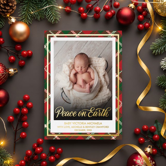 Tarjeta Festiva Con Relieve Metalizado Peace on Earth | Christmas Baby Photo Plaid  (Subido por el creador)