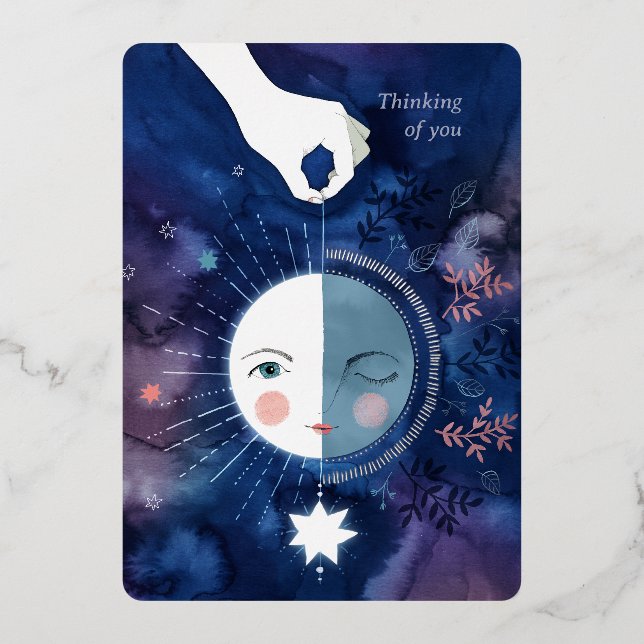 Tarjeta Festiva Con Relieve Metalizado Pensando en ti la mitad de la luna (Anverso)