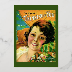 Tarjeta Festiva Con Relieve Metalizado Pensando en Ti Vintage Retro