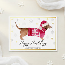 Tarjeta Festiva Con Relieve Metalizado Perrito Dachshund de Acuarela Felices Fiestas Blan