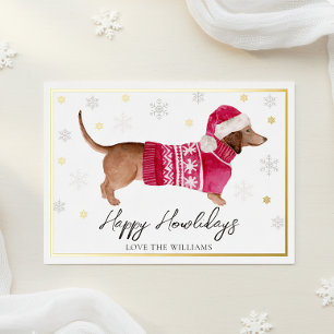 Tarjeta Festiva Con Relieve Metalizado Perrito Dachshund de Acuarela Felices Fiestas Blan