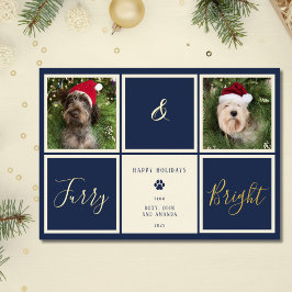 Tarjeta Festiva Con Relieve Metalizado Perro de Foto con Hojas de Oro Azul Marino Brillan
