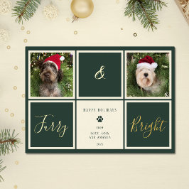 Tarjeta Festiva Con Relieve Metalizado Perro de Foto de Lámina de Oro Brillante y Peludo 