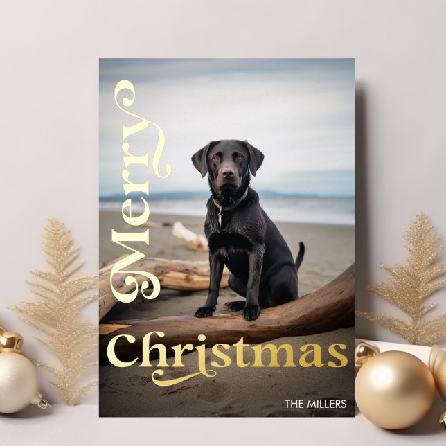 Tarjeta Festiva Con Relieve Metalizado Perro Moderno Mascota Feliz Navidad Foto Minimalis (Modern Dog Pet Merry Christmas Minimalist Photo Foil Holiday Card)