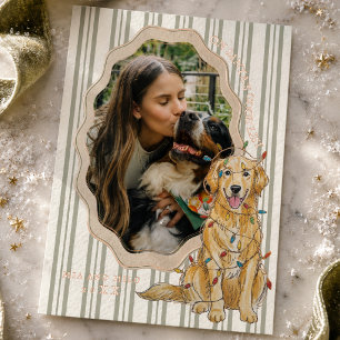 Tarjeta Festiva Con Relieve Metalizado Perro Retriever Dorado en la Lista Buena de Santa
