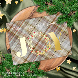 Tarjeta Festiva Con Relieve Metalizado Personalizado Alegría Paz Amor Red Holly Berries F