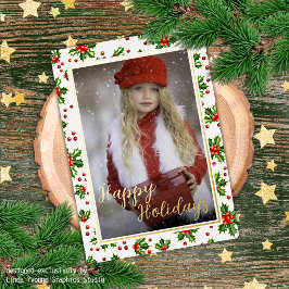 Tarjeta Festiva Con Relieve Metalizado Personalizado Classic Green Holly Red Berries Gold