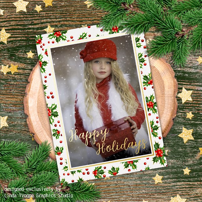 Tarjeta Festiva Con Relieve Metalizado Personalizado Classic Green Holly Red Berries Gold (Subido por el creador)