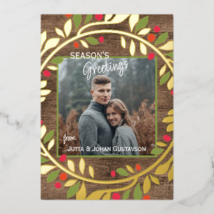 Tarjeta Festiva Con Relieve Metalizado Personalizado Classic Green Holly Red Berries Gold