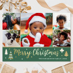 Tarjeta Festiva Con Relieve Metalizado Personalizado de árbol de Navidad dorado Fotobosqu<br><div class="desc">¡Difundan la alegría del feriado con tarjetas de Navidades de Relieve metalizado dorado de lujo! Seis fotos personalizadas junto con el nombre de tu familia y un saludo en la parte trasera. Este diseño personalizado presenta árboles decorativos y estrellas, con las palabras 'Feliz Navidad' en letras festivas. Perfecto para fotos...</div>