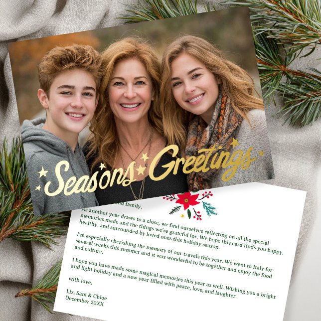 Tarjeta Festiva Con Relieve Metalizado PERSONALIZADO de guiones dibujado a mano durante l (SEASONS GREETINGS Hand-Drawn Script CUSTOM Photo GOLD Foil Holiday Card
)