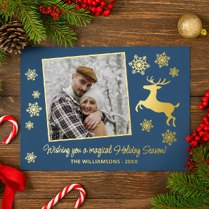 Tarjeta Festiva Con Relieve Metalizado Personalizado Deer & Snowflakes On Dark Blue Gold