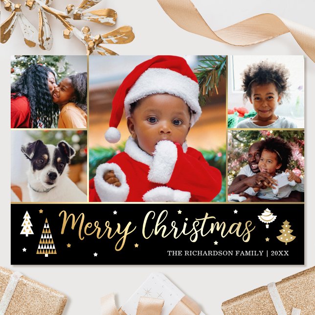 Tarjeta Festiva Con Relieve Metalizado Personalizado Gold Christmas Tree Photo Black Luxu (Subido por el creador)