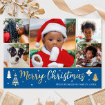 Tarjeta Festiva Con Relieve Metalizado Personalizado Gold Christmas Tree Photo Blue Luxur<br><div class="desc">¡Difundan la alegría del feriado con tarjetas de Navidades de Relieve metalizado dorado de lujo! Seis fotos personalizadas junto con el nombre de tu familia y un saludo en la parte trasera. Este diseño personalizado presenta árboles decorativos y estrellas, con las palabras 'Feliz Navidad' en letras festivas. Perfecto para fotos...</div>