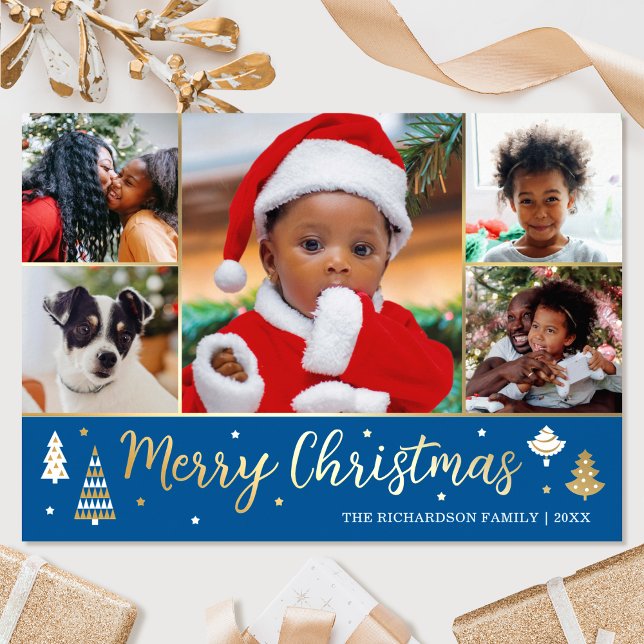 Tarjeta Festiva Con Relieve Metalizado Personalizado Gold Christmas Tree Photo Blue Luxur (Subido por el creador)